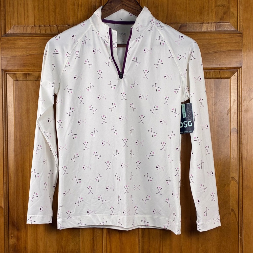 DSG Girls Golf Collection 1/4 Zip XL 16 White Heart Golf Club Pullover NWT